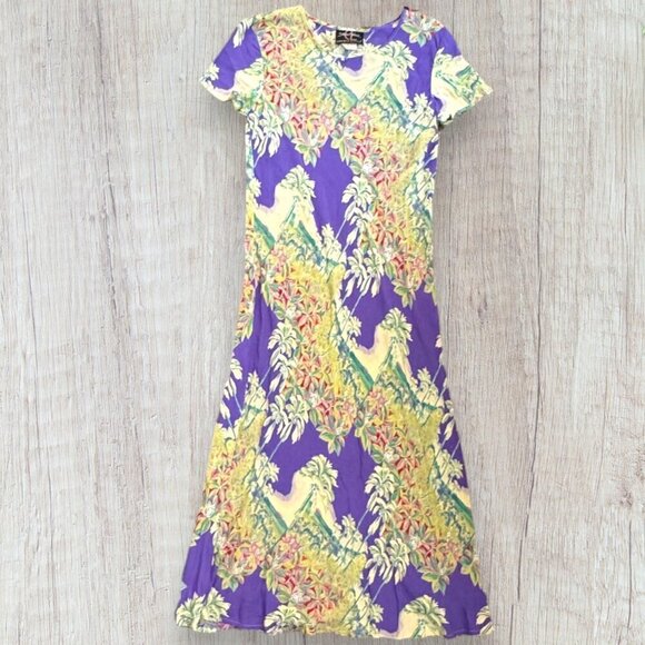 Vintage CAROLE LITTLE Street Wear USA Purple Green Floral Maxi Shift Dress - Picture 1 of 7